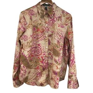 Lauren Ralph Lauren Pink and Green Paisley Button Down Shirt